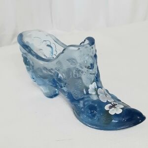 Vintage Fenton Art Glass, Blue, Slipper Shoe Boot Hand Painted Artist Signature